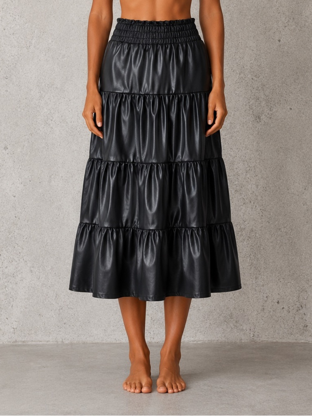 Black Faux Leather Tiered Midi Skirt Size S Smocked Waist Goth Y2K